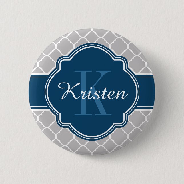 Gray Quatrefoil Pattern Blue Monogram Button (Front)