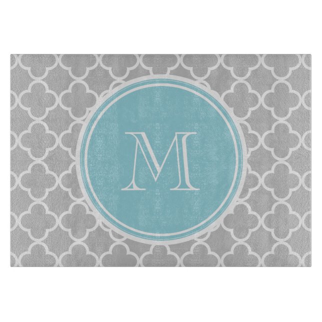 Gray Quatrefoil Pattern, Blue Monogram Cutting Board (Front)