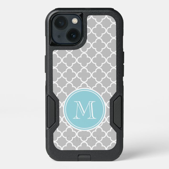 Gray Quatrefoil Pattern, Blue Monogram Otterbox iPhone Case (Back)