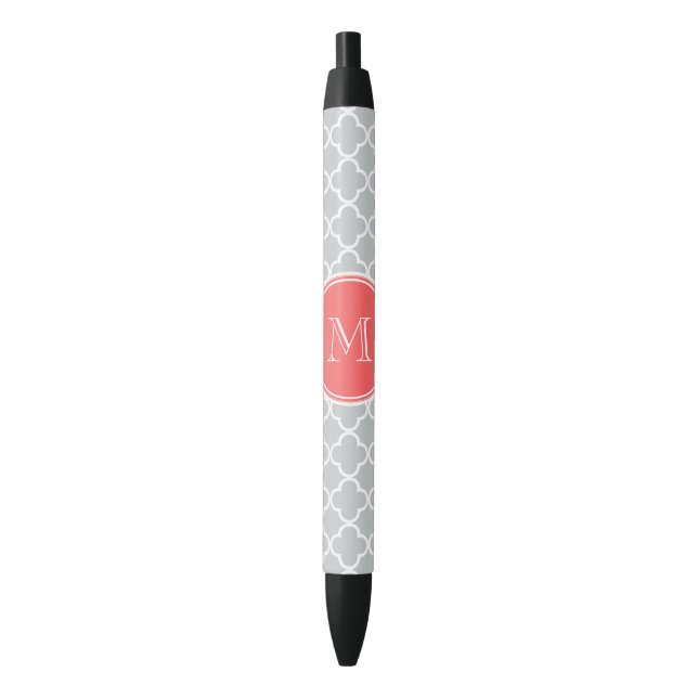 Gray Quatrefoil Pattern, Coral Monogram Pen (Front Vertical)