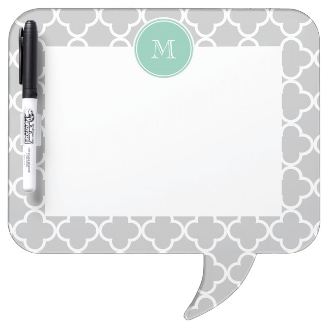 Gray Quatrefoil Pattern, Mint Green Monogram Dry-Erase Board (Front)