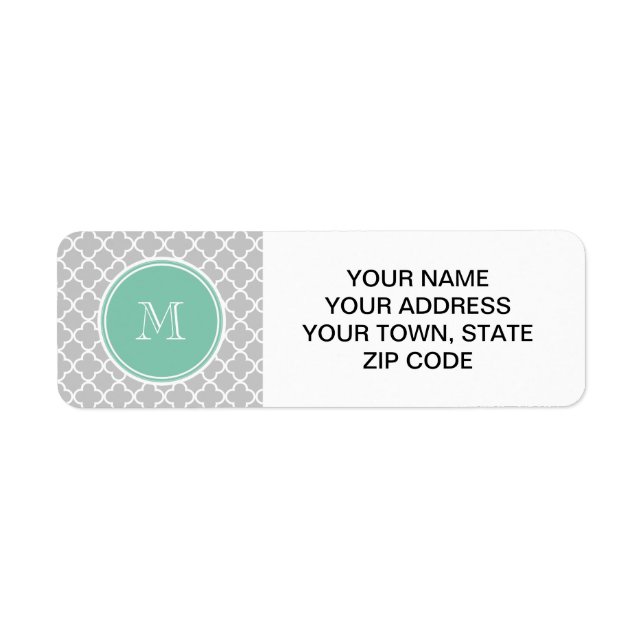 Gray Quatrefoil Pattern, Mint Green Monogram Label (Front)