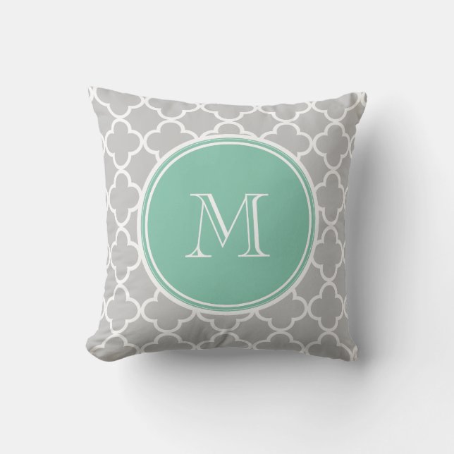 Gray Quatrefoil Pattern, Mint Green Monogram Throw Pillow (Front)