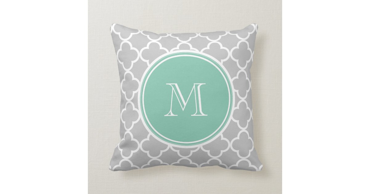 Gray Quatrefoil Pattern, Mint Green Monogram Throw Pillow