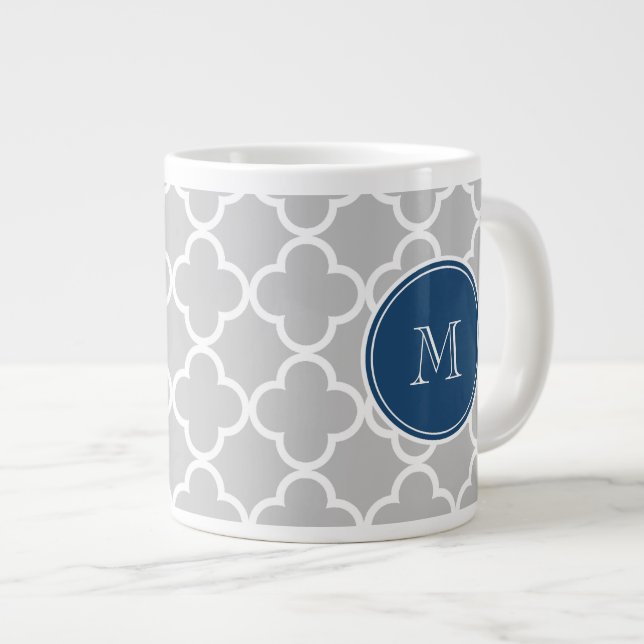 Gray Quatrefoil Pattern, Navy Blue Monogram Giant Coffee Mug (Front Right)