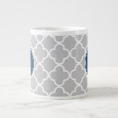 Gray Quatrefoil Pattern, Navy Blue Monogram Giant Coffee Mug (Front)