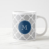 Gray Quatrefoil Pattern, Navy Blue Monogram Giant Coffee Mug (Right)