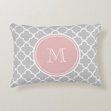 Gray Quatrefoil Pattern, Pink Monogram Accent Pillow