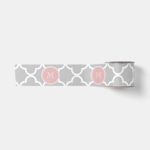 Gray Quatrefoil Pattern, Pink Monogram Satin Ribbon