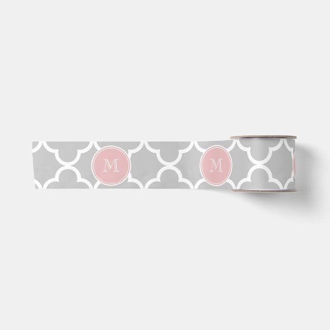 Gray Quatrefoil Pattern, Pink Monogram Satin Ribbon (Front)