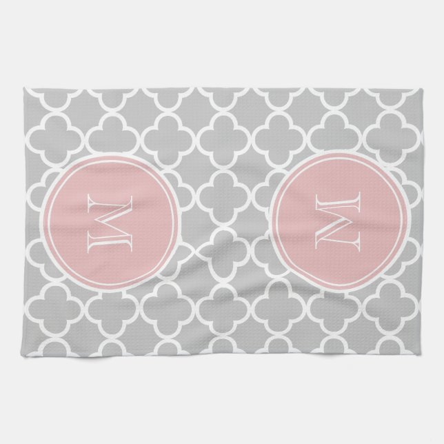 Gray Quatrefoil Pattern, Pink Monogram Towel (Horizontal)