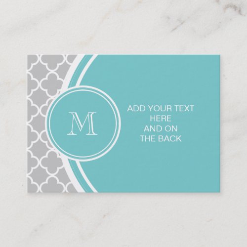 Gray Quatrefoil Pattern, Teal Monogram Business Card Template