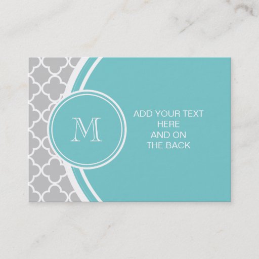 Customizable Gray Quatrefoil Pattern, Teal Monogram Business Card Template