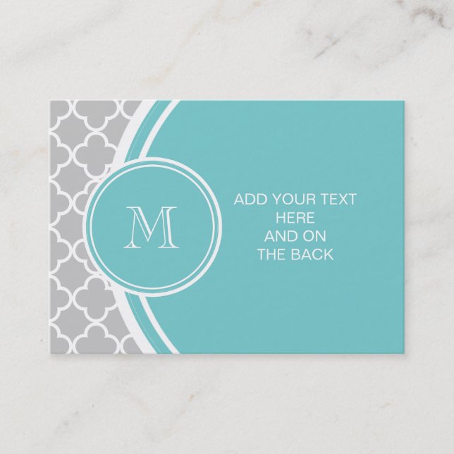 Gray Quatrefoil Pattern, Teal Monogram Business Card (Front)