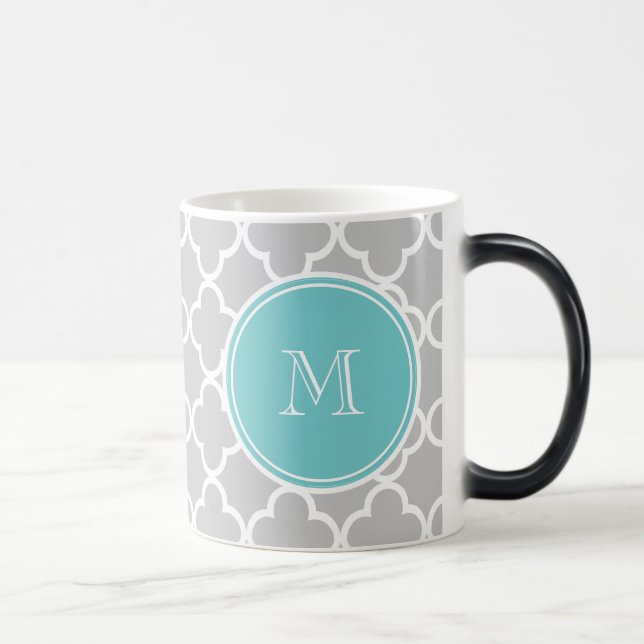 Gray Quatrefoil Pattern, Teal Monogram Color Morph Mug (Right)