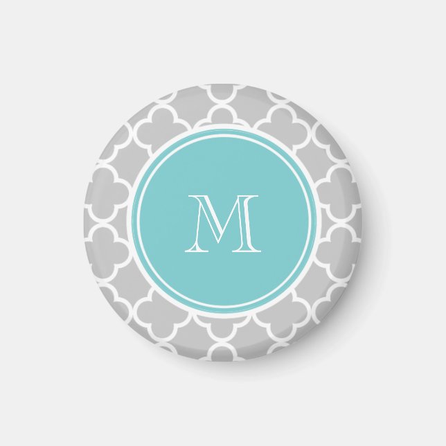 Gray Quatrefoil Pattern, Teal Monogram Magnet (Front)