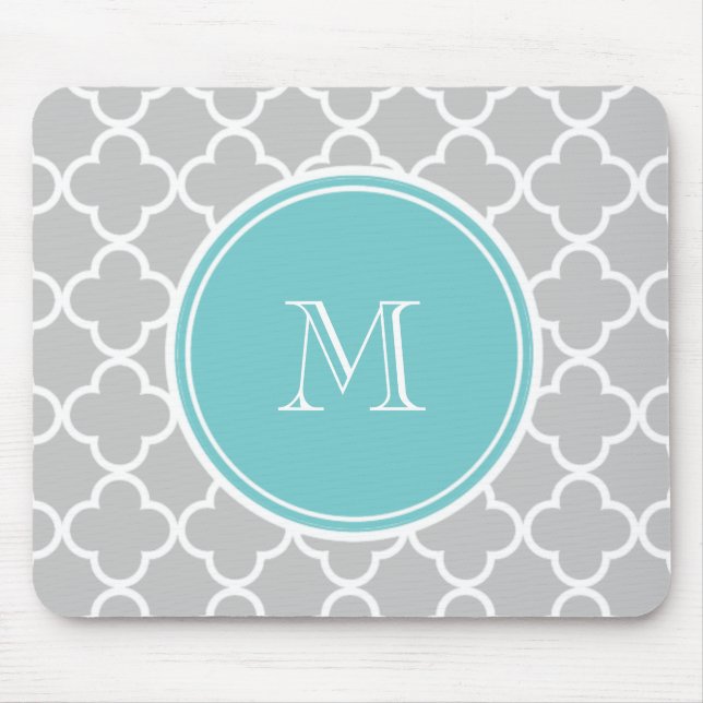 Gray Quatrefoil Pattern, Teal Monogram Mouse Pad (Front)
