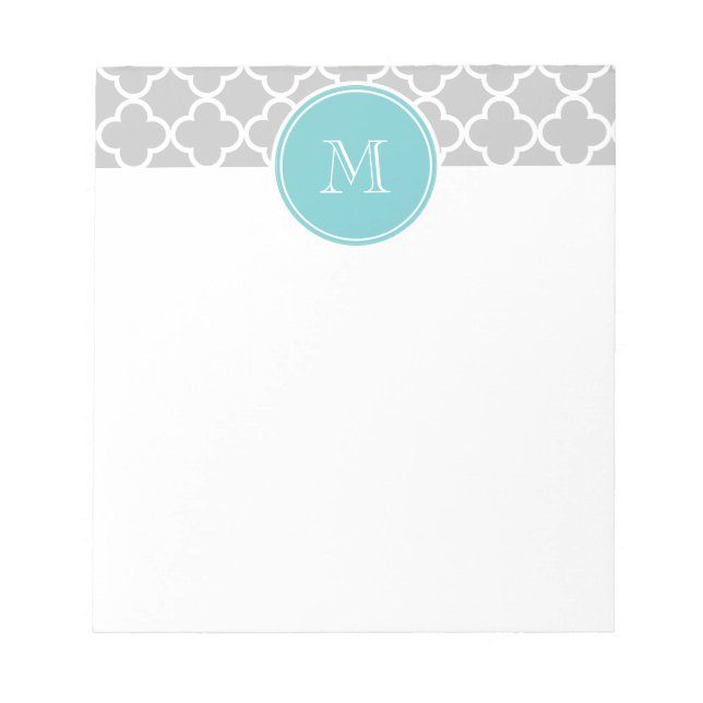Gray Quatrefoil Pattern, Teal Monogram Notepad (Front)