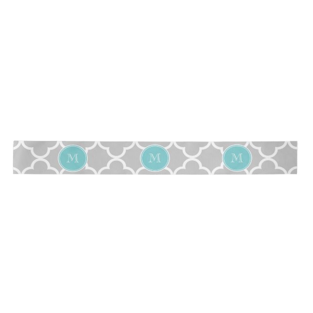 Gray Quatrefoil Pattern, Teal Monogram Satin Ribbon (Front)