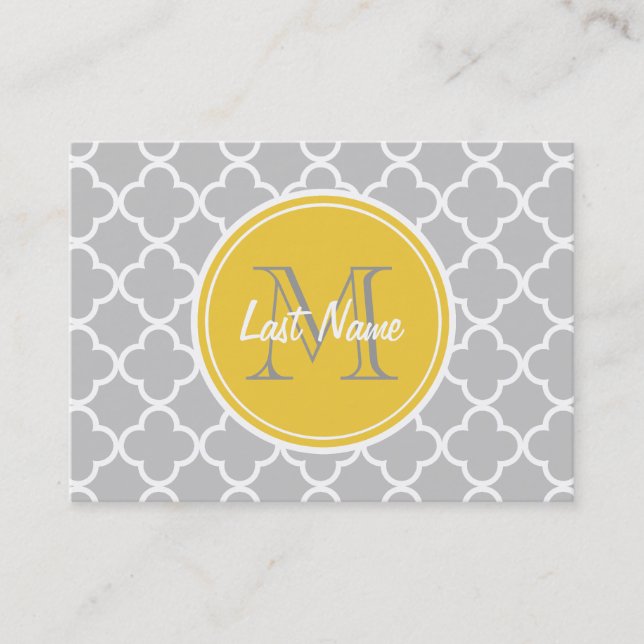 Gray Quatrefoil Pattern, Yellow Monogram Business Card (Front)