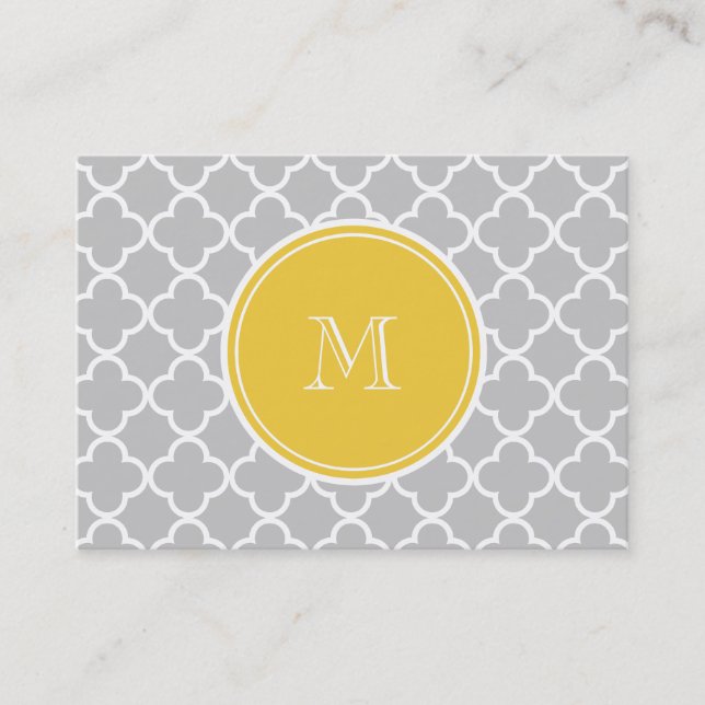 Gray Quatrefoil Pattern, Yellow Monogram Business Card (Front)