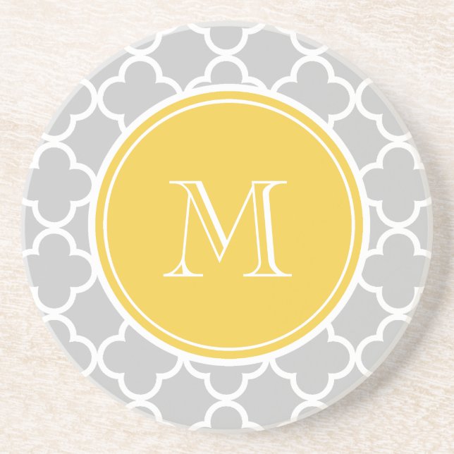 Gray Quatrefoil Pattern, Yellow Monogram Coaster (Front)