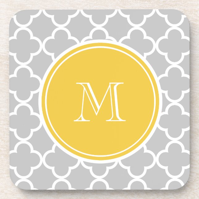 Gray Quatrefoil Pattern, Yellow Monogram Drink Coaster (Front)