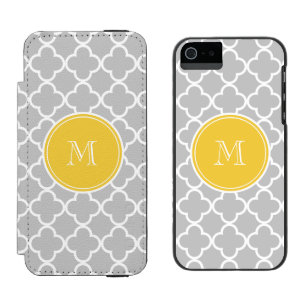 Gray Quatrefoil Pattern, Yellow Monogram iPhone SE/5/5s Wallet Case