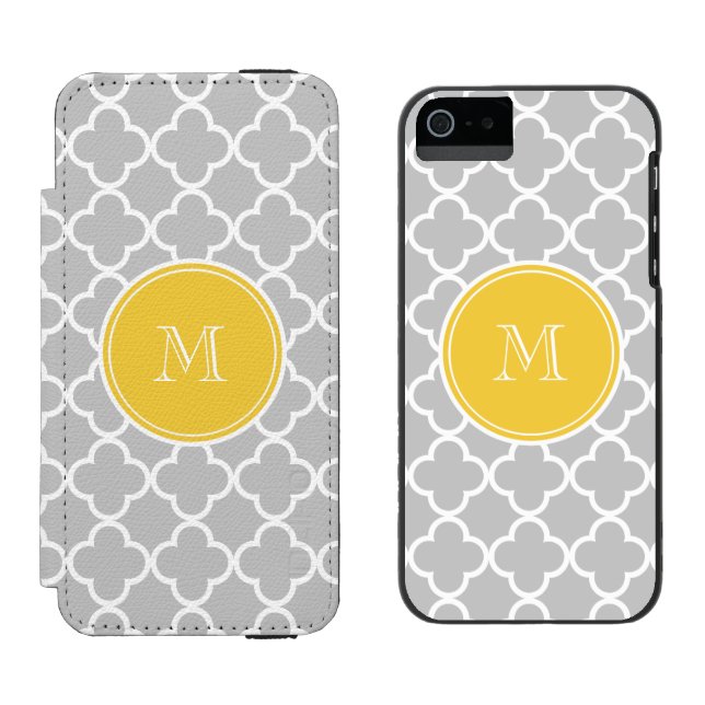 Gray Quatrefoil Pattern, Yellow Monogram Incipio iPhone Wallet Case (Side by Side)