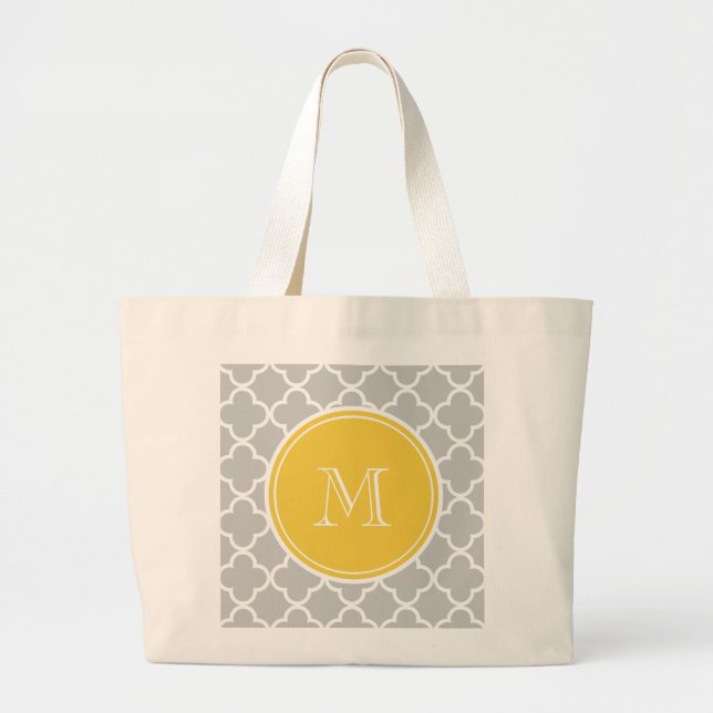 Gray Quatrefoil Pattern, Yellow Monogram Large Tote Bag (Front)