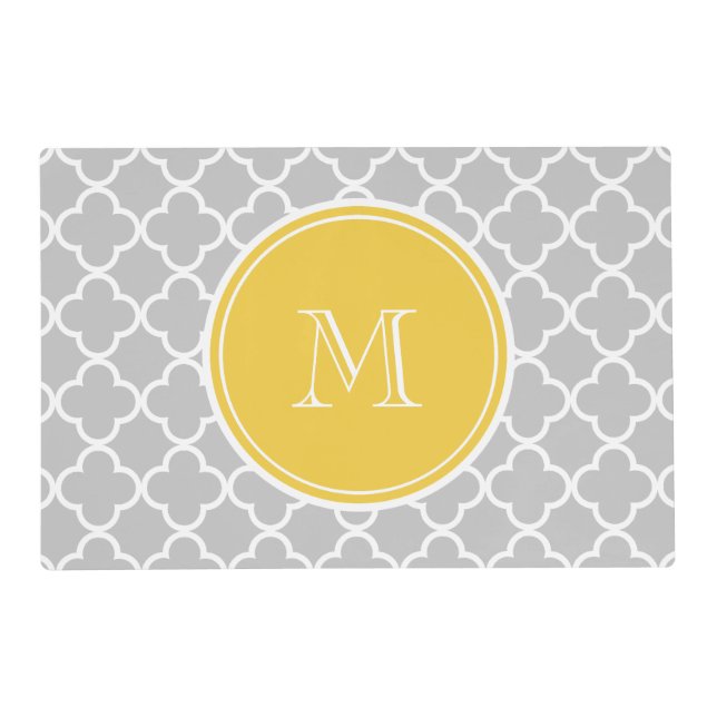 Gray Quatrefoil Pattern, Yellow Monogram Placemat (Front)