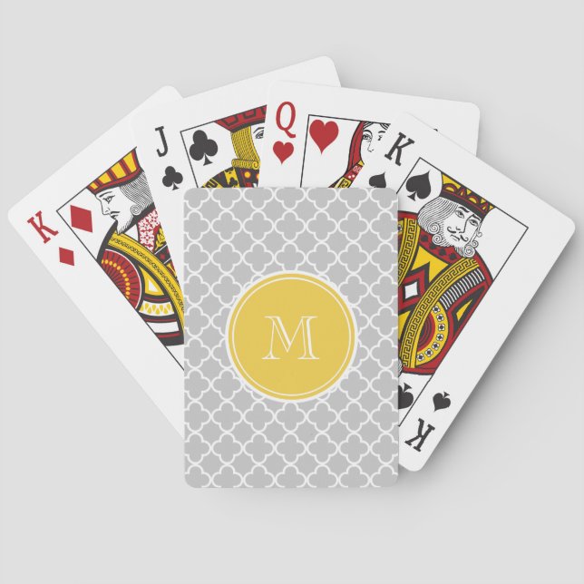 Gray Quatrefoil Pattern, Yellow Monogram Poker Cards (Back)