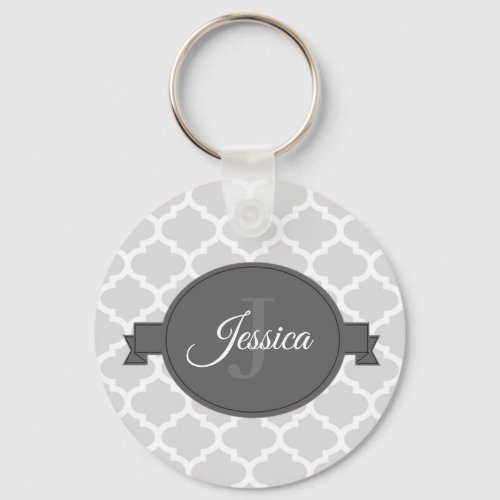 Gray Quatrefoil Personalized Keychain