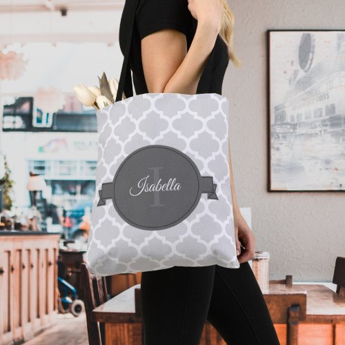 Gray Quatrefoil Personalized Tote Bag