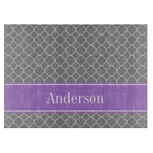 Gray Quatrefoil Purple Personalized Cutting Board (Front)