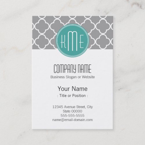 Gray Quatrefoil with Custom Mint Monogram Business Card