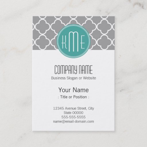 Customizable Gray Quatrefoil with Custom Mint Monogram Business Card