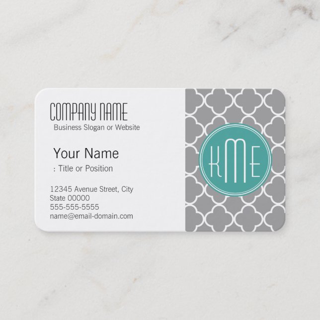 Gray Quatrefoil with Custom Mint Monogram Business Card (Front)