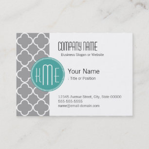 Gray Quatrefoil with Custom Mint Monogram Business Card