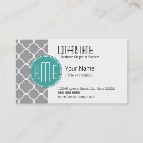 Gray Quatrefoil with Custom Mint Monogram Business Card Templates