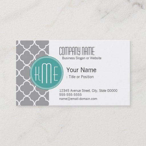 Customizable Gray Quatrefoil with Custom Mint Monogram Business Card Templates