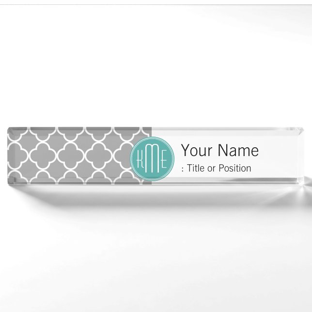 Gray Quatrefoil with Custom Mint Monogram Desk Name Plate (Front)