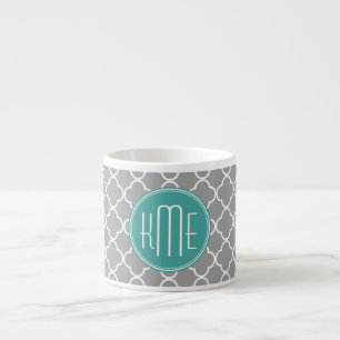 Gray Quatrefoil with Custom Mint Monogram Espresso Cup