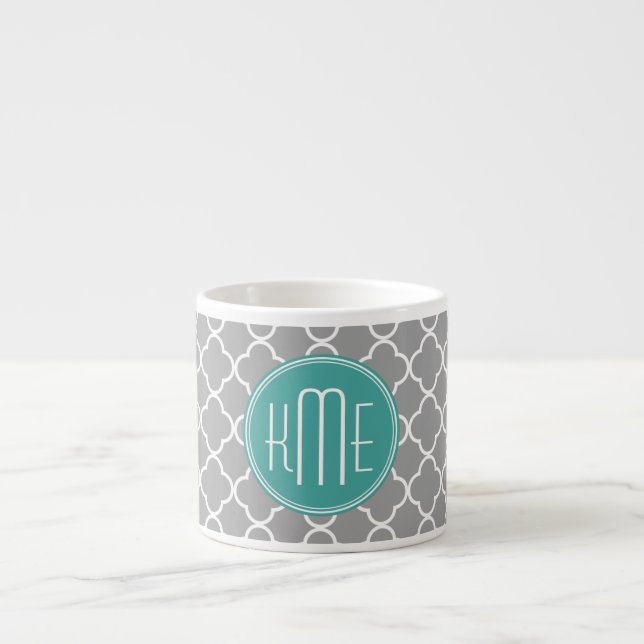 Gray Quatrefoil with Custom Mint Monogram Espresso Cup (Front)