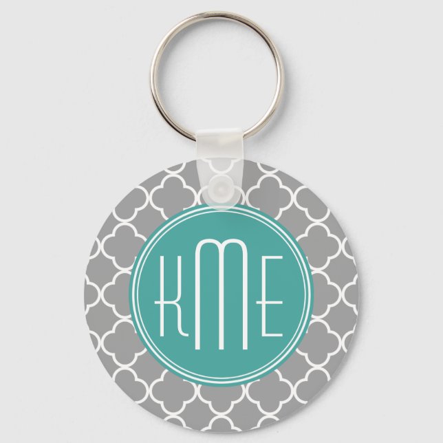 Gray Quatrefoil with Custom Mint Monogram Keychain (Front)