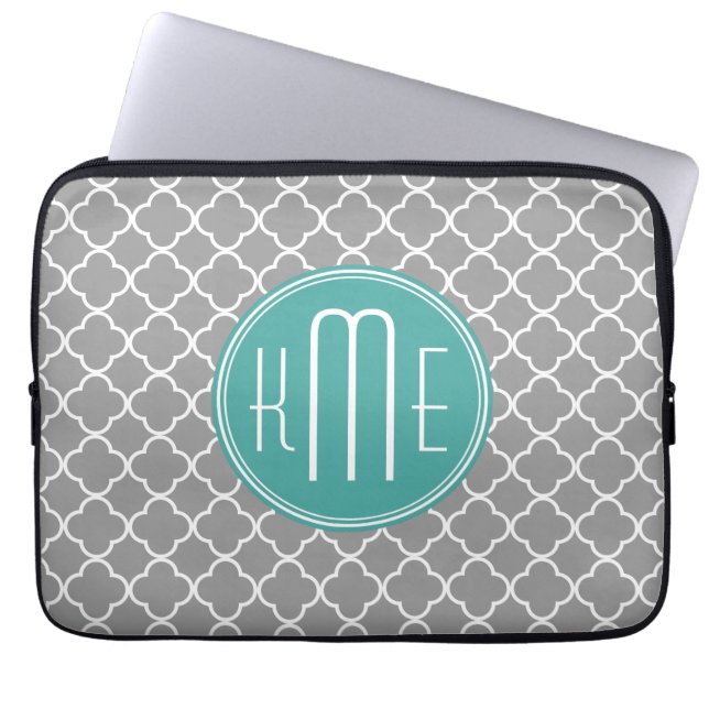Gray Quatrefoil with Custom Mint Monogram Laptop Sleeve (Front)