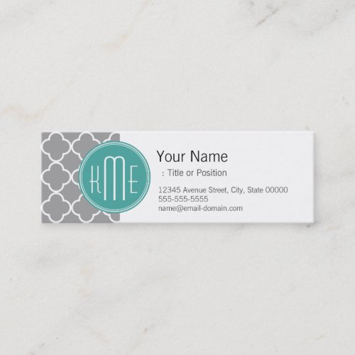 Gray Quatrefoil with Custom Mint Monogram Business Card Templates