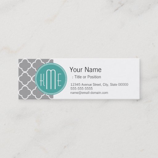 Customizable Gray Quatrefoil with Custom Mint Monogram Business Card Templates