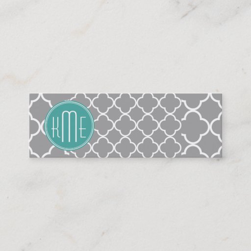 Customizable Gray Quatrefoil with Custom Mint Monogram Business Card Templates