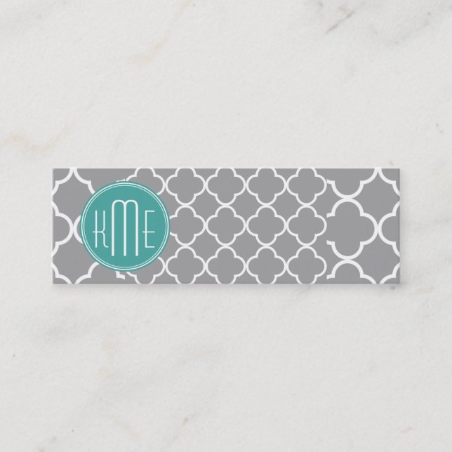 Gray Quatrefoil with Custom Mint Monogram Mini Business Card (Front)